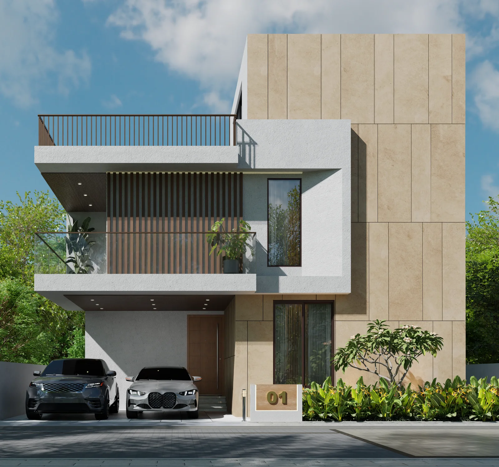Photoreal render of a contemporary villa front elevation
